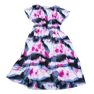 Soft Surroundings Dress XL Blue Pink Abstract‎ Watercolor Midi Flutter Sleeve